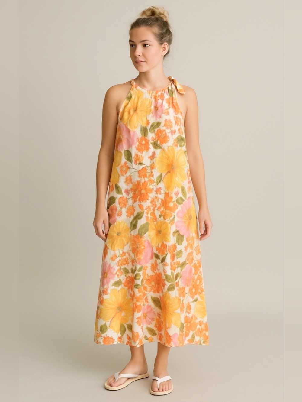 Retro Garden Floral Crisp Cotton Maxi Sun Dress Sleeveless Halter Tie Shoulder M